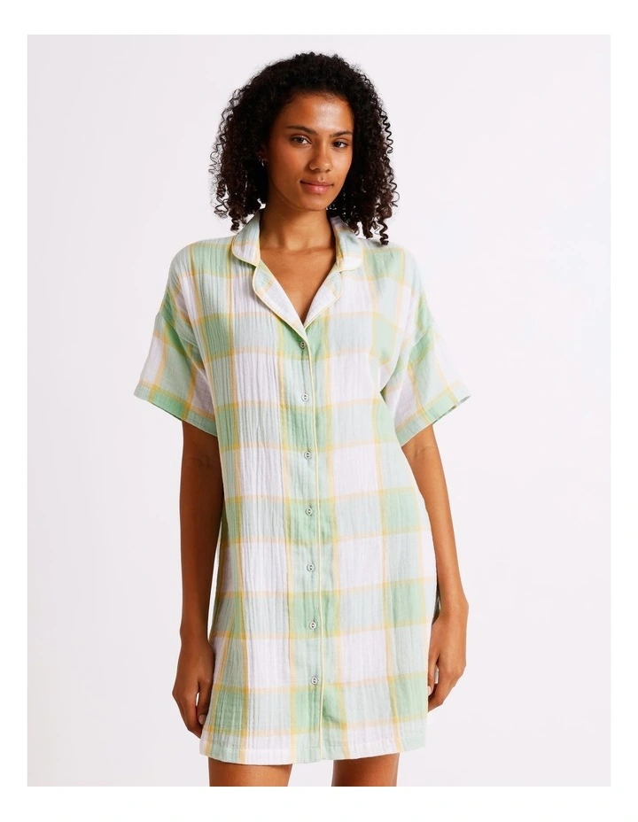 Divine Cheesecloth Short Sleeve Nightie in Pistachio Check Y/D Print image 3