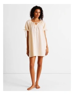 Divine Puff Sleeve Short Nightie in Apricot Gingham Y/D Print