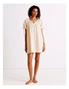 Divine Puff Sleeve Short Nightie in Apricot Gingham Y/D Print