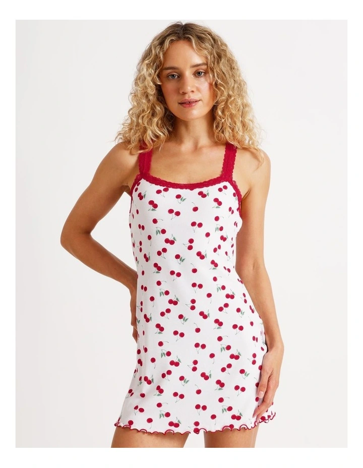 Lace Trim Rib Chemise in Cherry Ditsy Print image 2