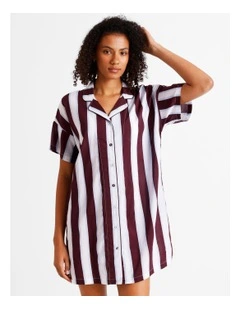 Woven Relaxed Short Sleeve PJ Set in Plum Wide Stripe Print