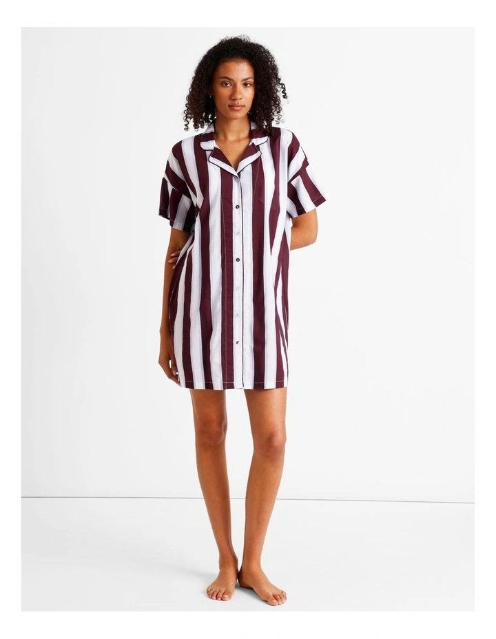 Woven Relaxed Short Sleeve PJ Set in Plum Wide Stripe Print image 2