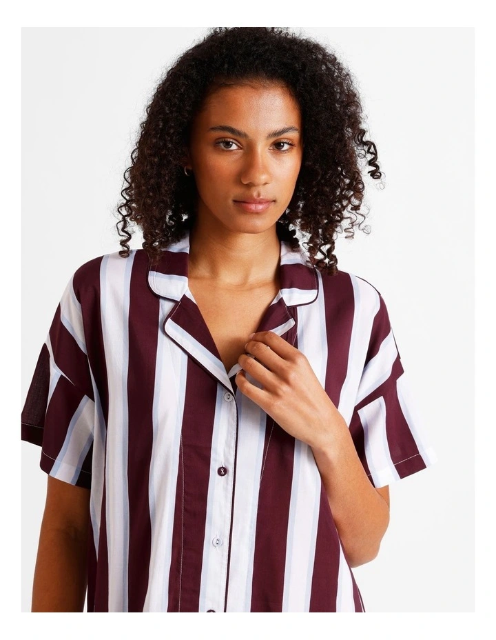 Woven Relaxed Short Sleeve PJ Set in Plum Wide Stripe Print image 3