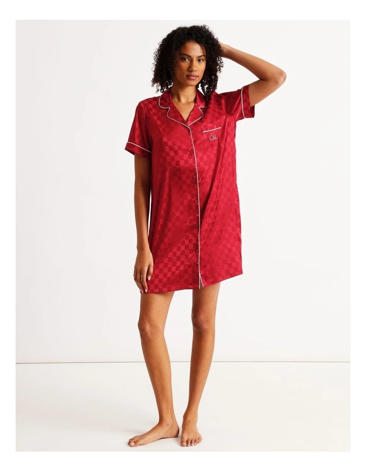 Luxe Satin Jacquard Short Sleeve Nightie in Chilli Red Jacquard Check image 1