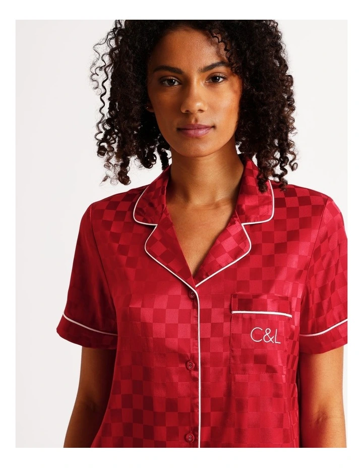 Luxe Satin Jacquard Short Sleeve Nightie in Chilli Red Jacquard Check image 2