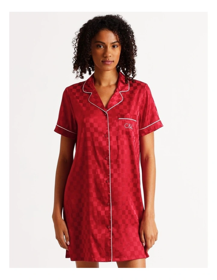 Luxe Satin Jacquard Short Sleeve Nightie in Chilli Red Jacquard Check image 3