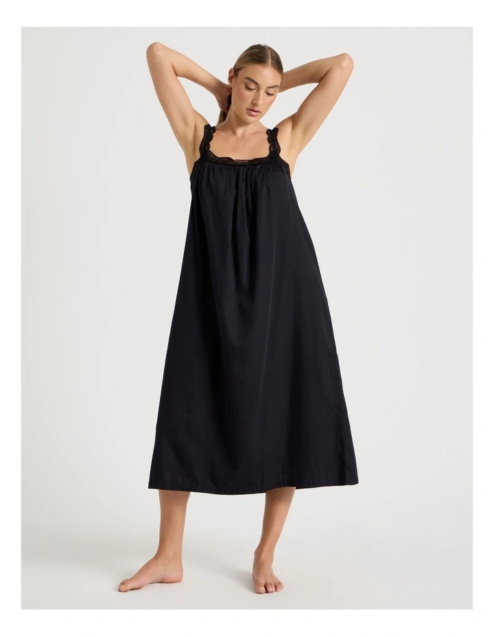 Divine Cotton & Lace Long Chemise in Black image 1