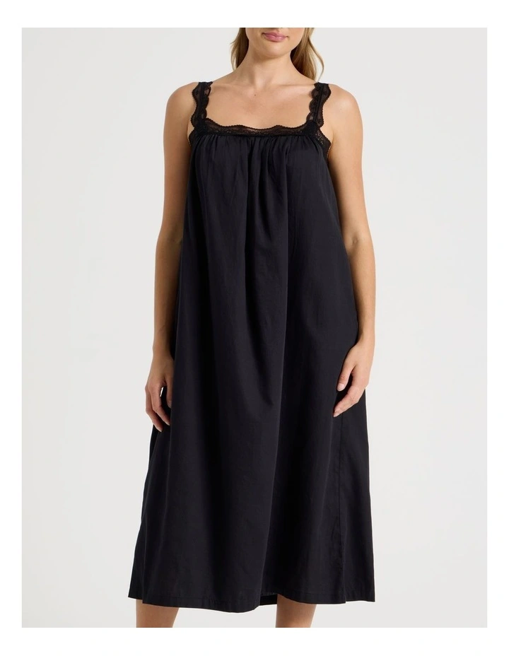 Divine Cotton & Lace Long Chemise in Black image 3
