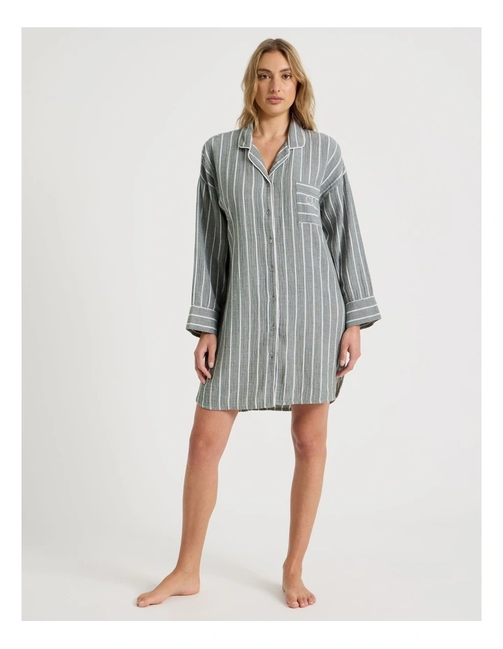 Divine Cheesecloth Oversized Night Shirt in Olive Stripe image 2