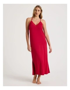 Pure Comfort Lace Trim Halter Long Chemise in Chilli Red