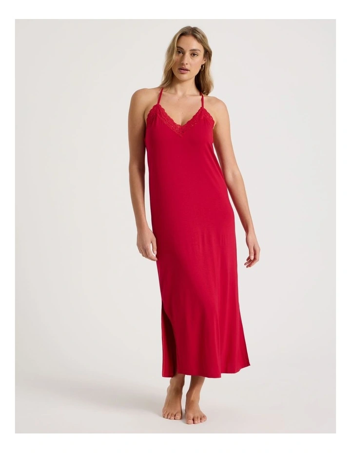 Pure Comfort Lace Trim Halter Long Chemise in Chilli Red image 1