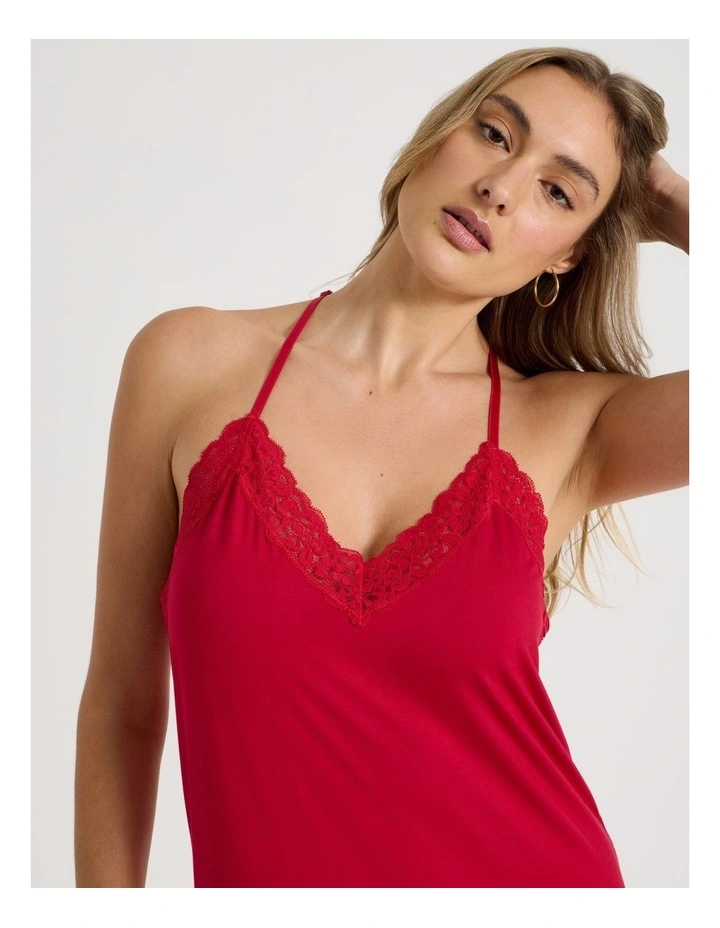 Pure Comfort Lace Trim Halter Long Chemise in Chilli Red image 2
