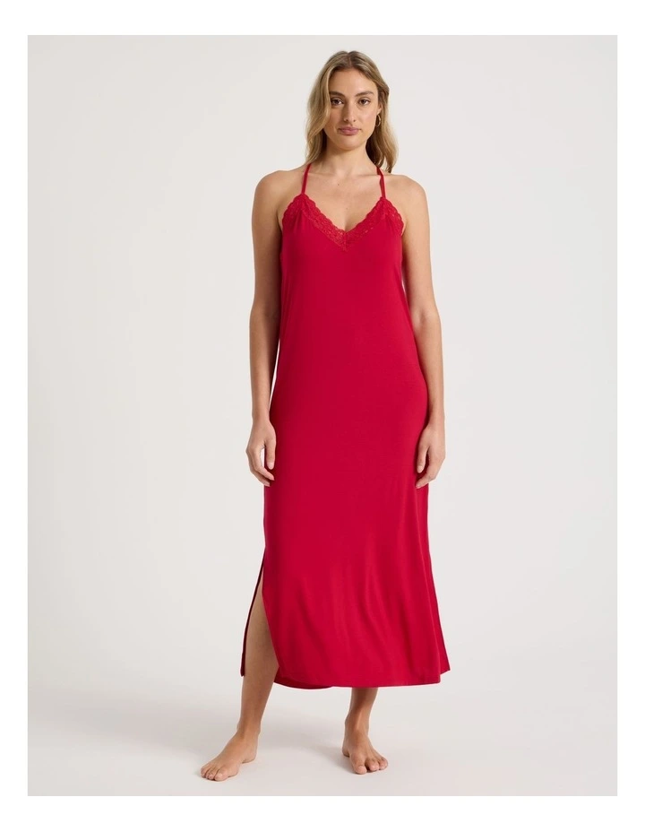 Pure Comfort Lace Trim Halter Long Chemise in Chilli Red image 6