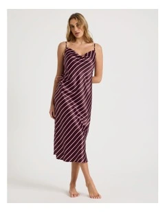 Luxe Satin Cowl Neck Long Chemise in Raisin & Pink Stripe Print