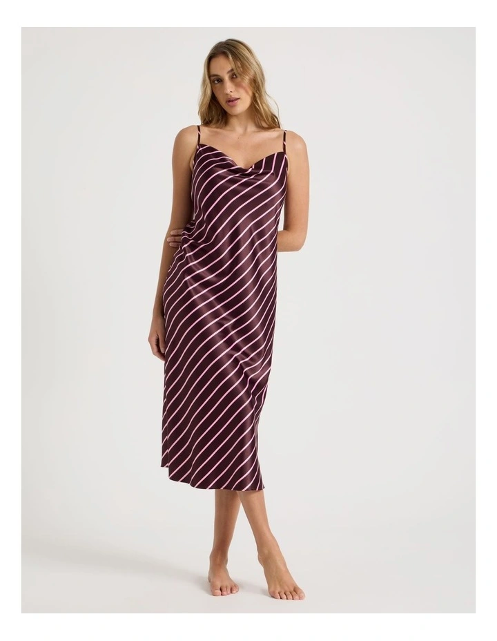 Luxe Satin Cowl Neck Long Chemise in Raisin & Pink Stripe Print image 1