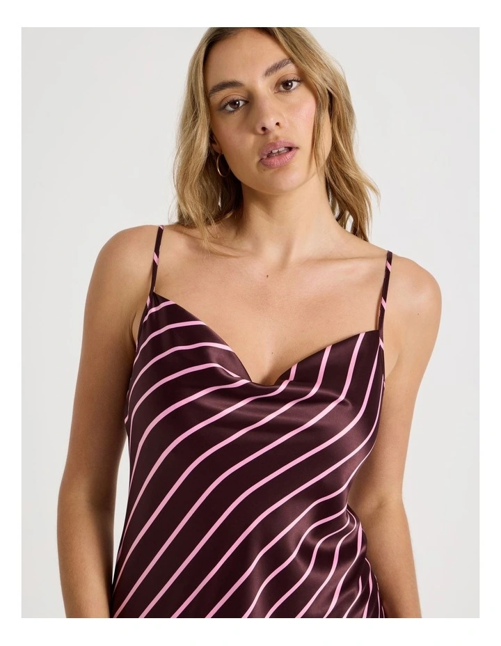 Luxe Satin Cowl Neck Long Chemise in Raisin & Pink Stripe Print image 2