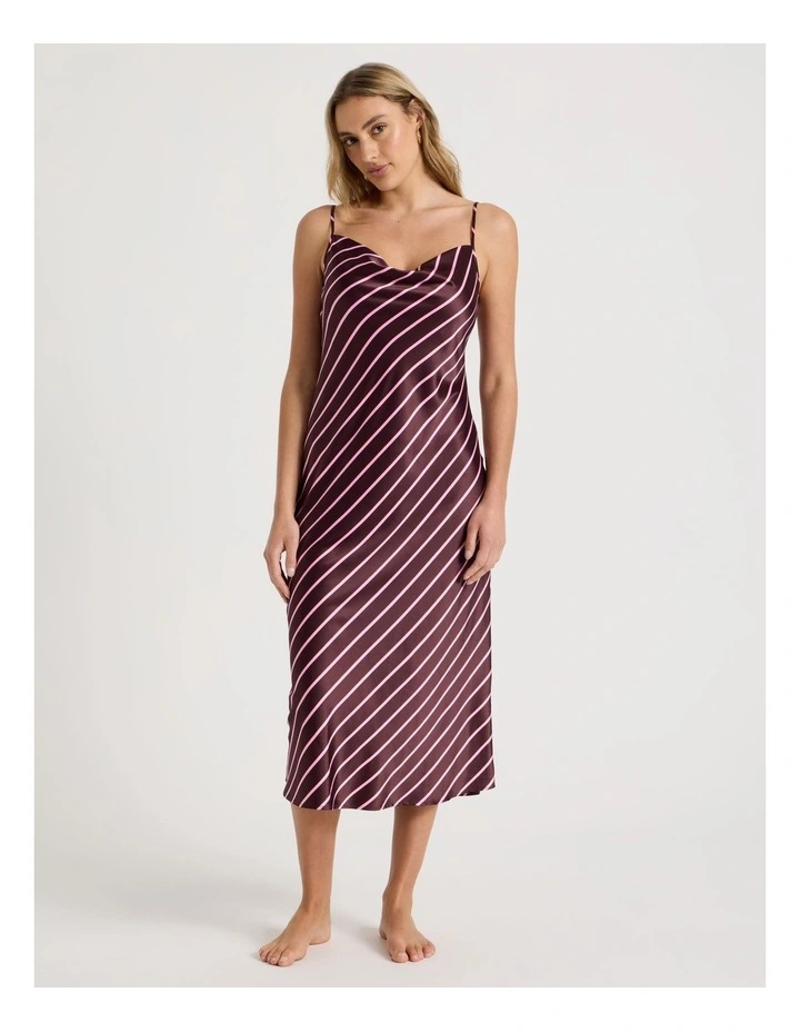 Luxe Satin Cowl Neck Long Chemise in Raisin & Pink Stripe Print image 3