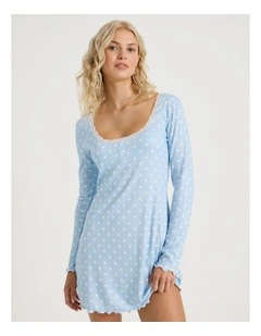 Lola Fluted Pointelle Long Sleeve Chemise in Sky Blue Spot Print