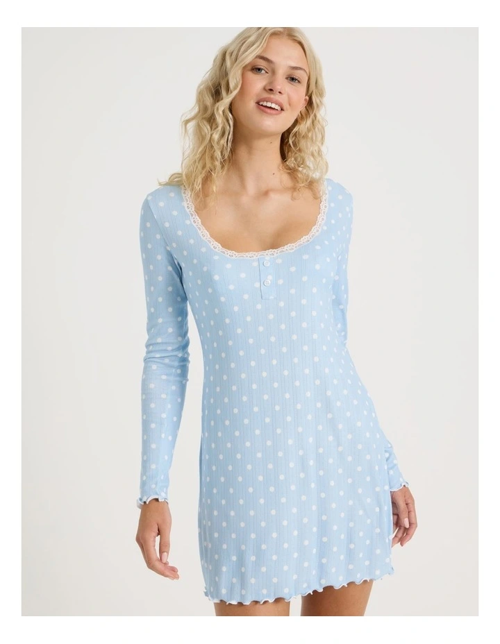 Lola Fluted Pointelle Long Sleeve Chemise in Sky Blue Spot Print image 3