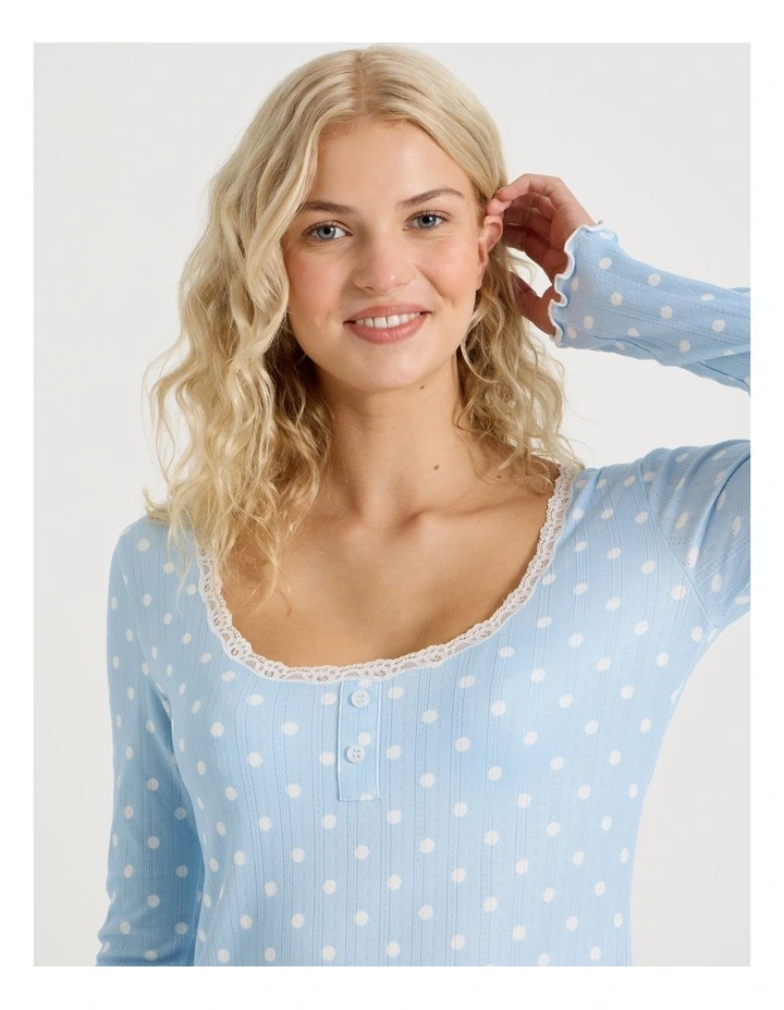 Lola Fluted Pointelle Long Sleeve Chemise in Sky Blue Spot Print image 4