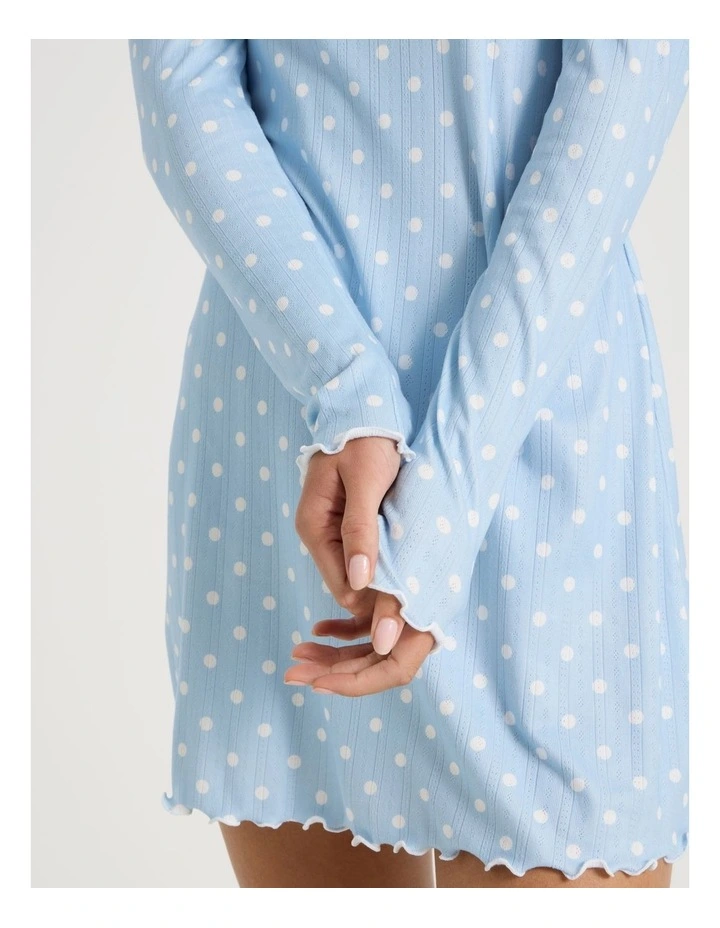 Lola Fluted Pointelle Long Sleeve Chemise in Sky Blue Spot Print image 5