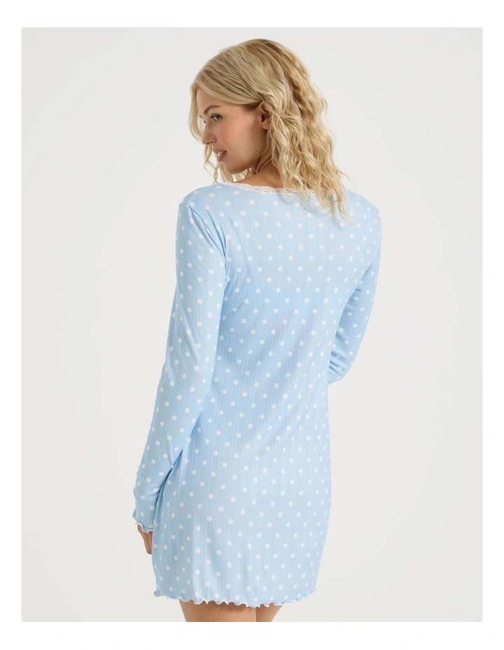Lola Fluted Pointelle Long Sleeve Chemise in Sky Blue Spot Print image 6