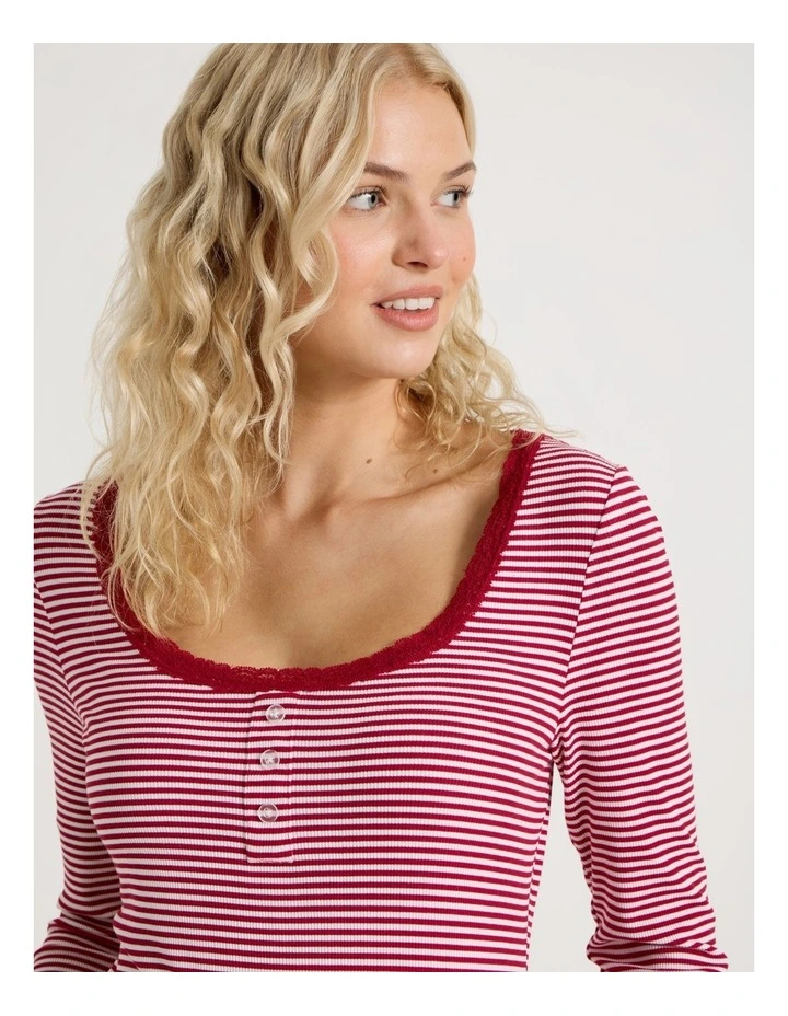 Lola Fluted Rib Long Sleeve Chemise in Chilli Red Y/D Stripe image 3