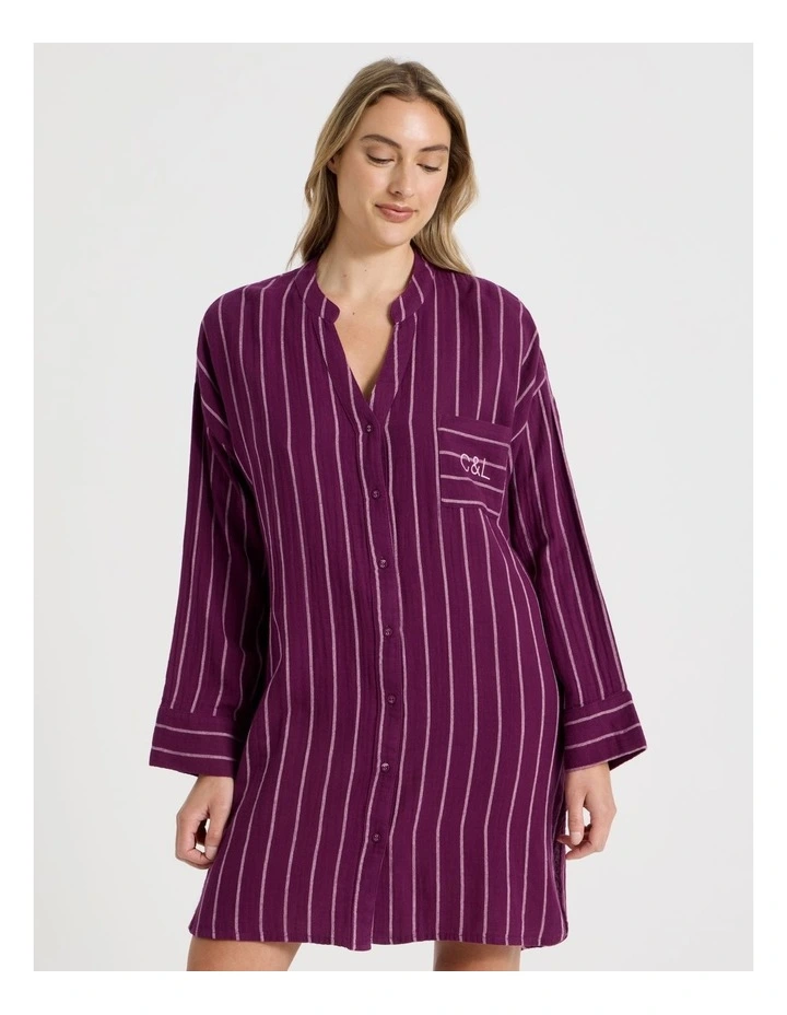 Divine Cheesecloth Mandarin Oversized Night Shirt in Magenta Y/D Stripe image 1