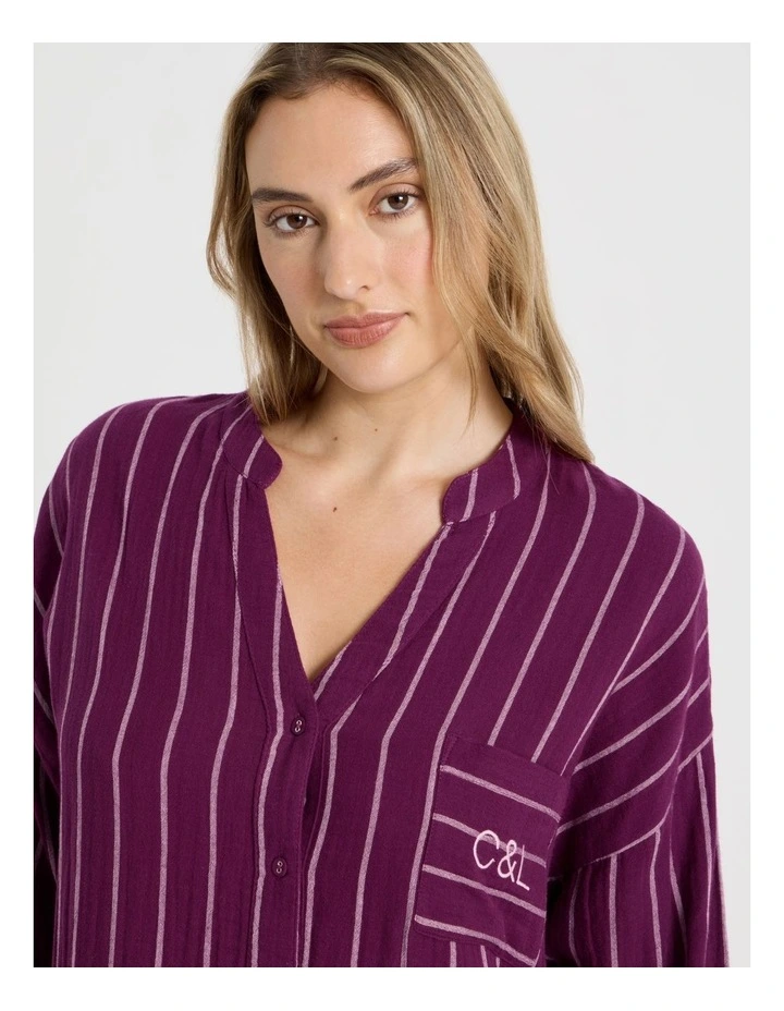 Divine Cheesecloth Mandarin Oversized Night Shirt in Magenta Y/D Stripe image 2