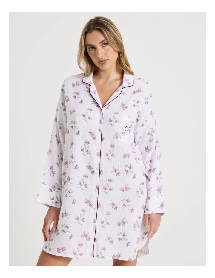Divine Cheesecloth Oversized Night Shirt in Embroidered Floral Print image 1