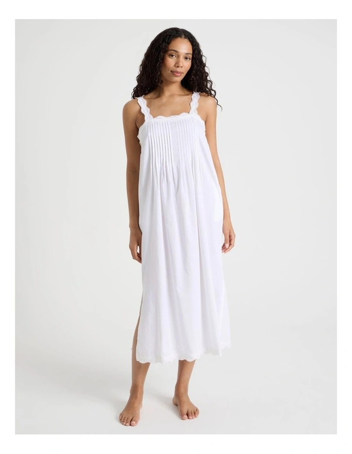 Pintuck Cotton Sateen & lace Trim Long Chemise in White image 1