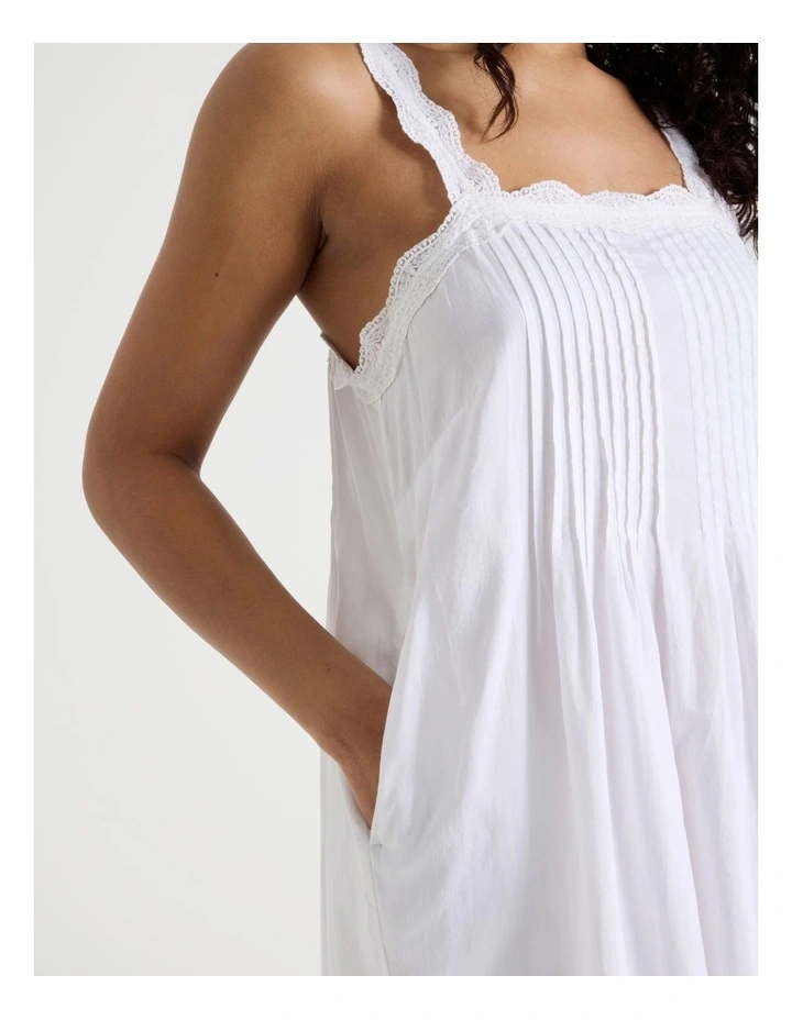 Pintuck Cotton Sateen & lace Trim Long Chemise in White image 2