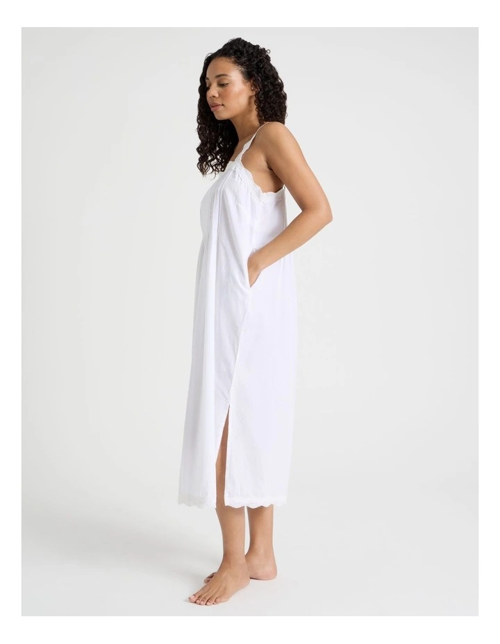 Pintuck Cotton Sateen & lace Trim Long Chemise in White image 3