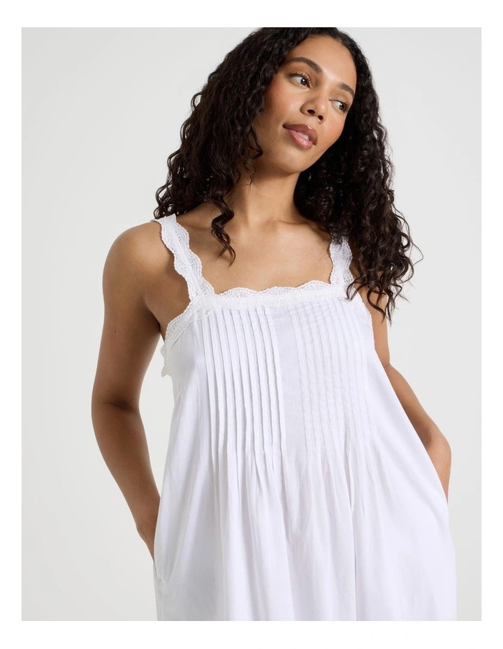 Pintuck Cotton Sateen & lace Trim Long Chemise in White image 4