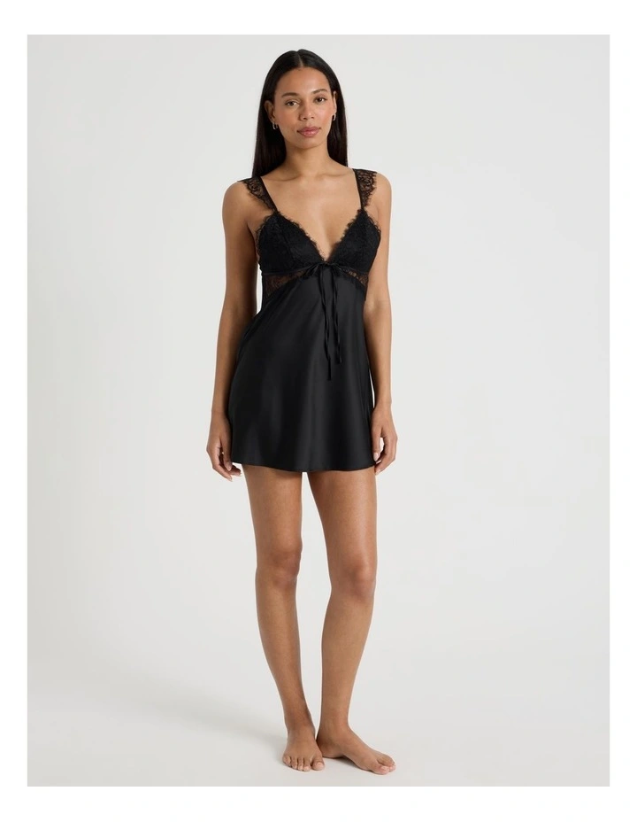 The Vow Satin & Eyelash Lace Short Chemise in Black image 2
