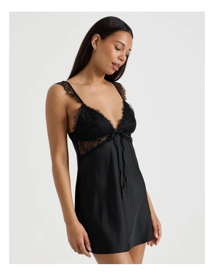 The Vow Satin & Eyelash Lace Short Chemise in Black image 3