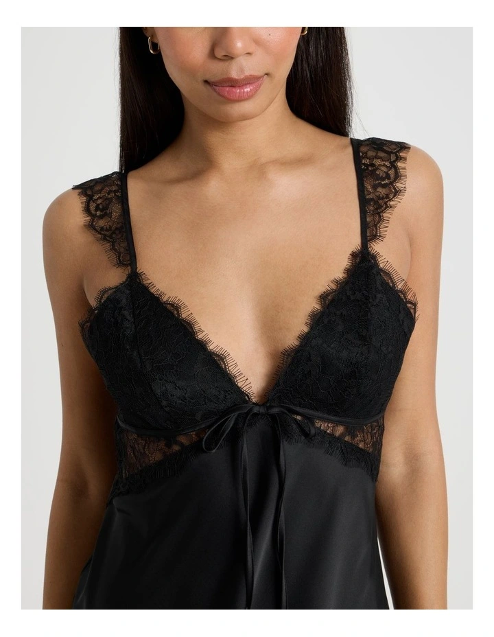 The Vow Satin & Eyelash Lace Short Chemise in Black image 4
