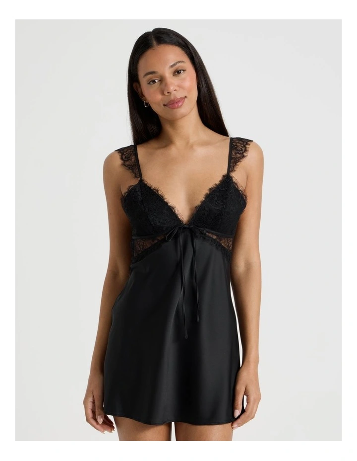 The Vow Satin & Eyelash Lace Short Chemise in Black image 5