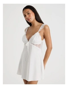 The Vow Satin & Eyelash Lace Short Chemise in Ivory