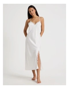 The Vow Satin & Eyelash Lace Long Chemise in Ivory