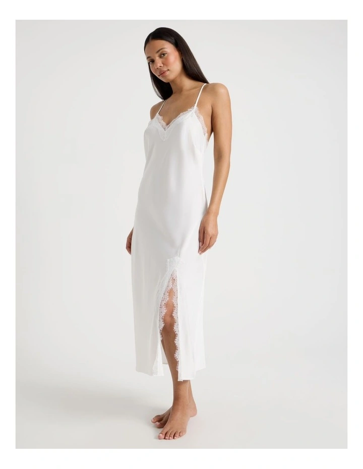 The Vow Satin & Eyelash Lace Long Chemise in Ivory image 3
