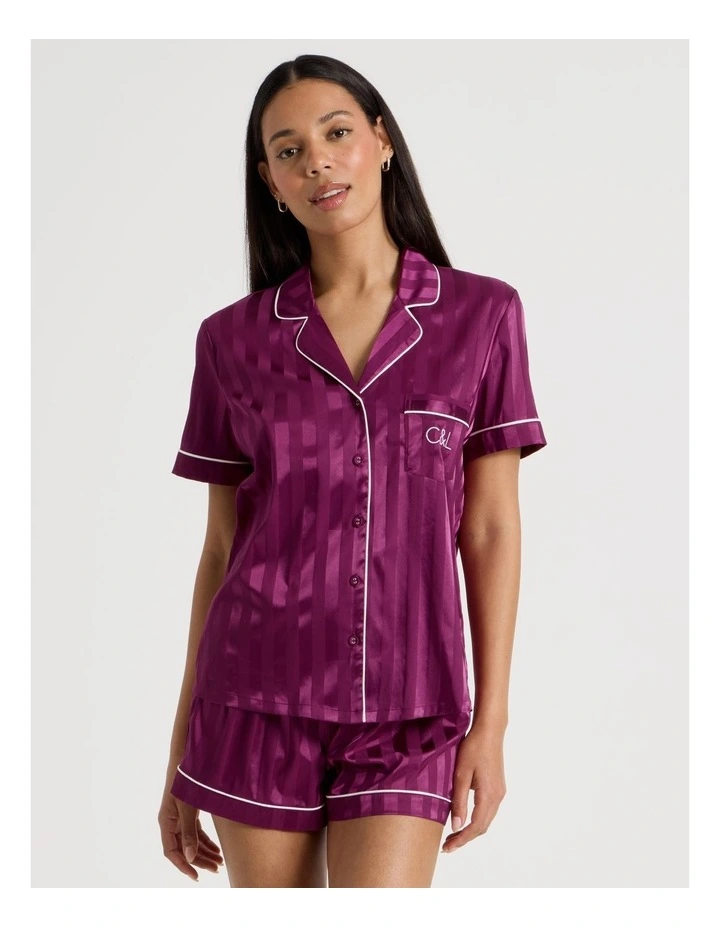 Luxe Satin Jacquard  Stripe Short Sleeve Pyjamas in Berry Jacquard Stripe image 1