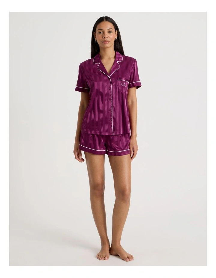 Luxe Satin Jacquard  Stripe Short Sleeve Pyjamas in Berry Jacquard Stripe image 2