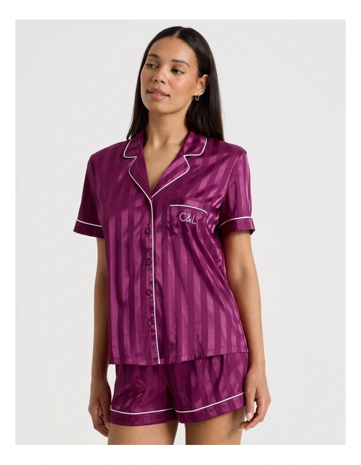 Luxe Satin Jacquard  Stripe Short Sleeve Pyjamas in Berry Jacquard Stripe image 3