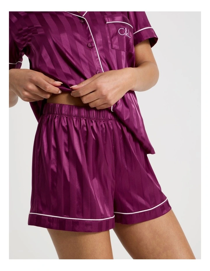 Luxe Satin Jacquard  Stripe Short Sleeve Pyjamas in Berry Jacquard Stripe image 4