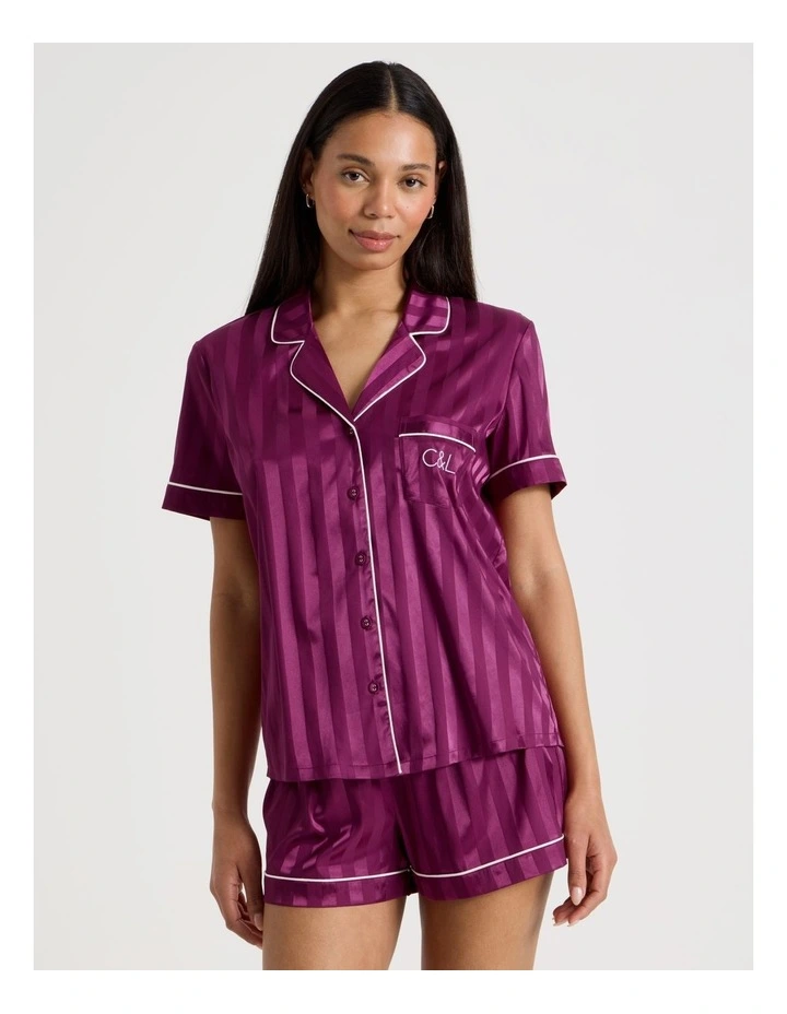 Luxe Satin Jacquard  Stripe Short Sleeve Pyjamas in Berry Jacquard Stripe image 5