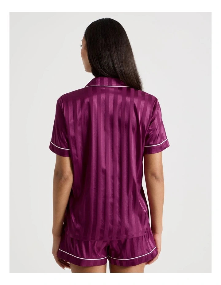 Luxe Satin Jacquard  Stripe Short Sleeve Pyjamas in Berry Jacquard Stripe image 6