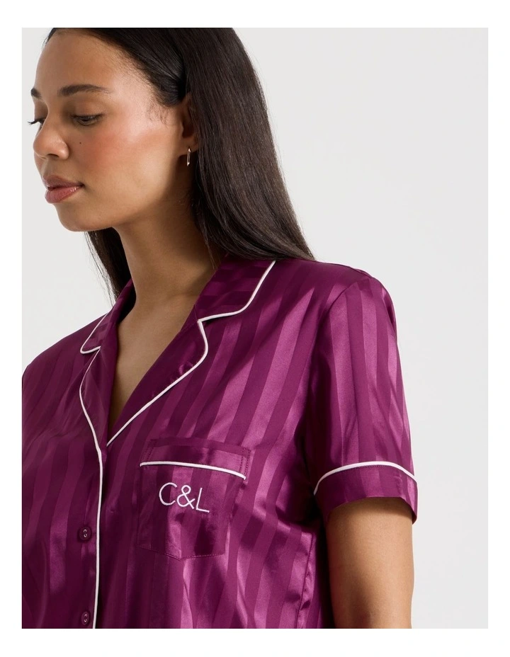 Luxe Satin Jacquard  Stripe Short Sleeve Pyjamas in Berry Jacquard Stripe image 7