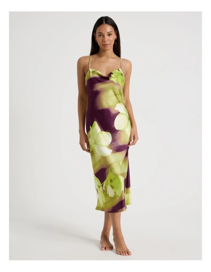 Luxe Satin Cowl Neck Long Chemise in Berry Floral Print image 2
