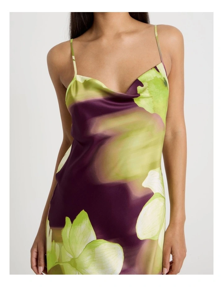 Luxe Satin Cowl Neck Long Chemise in Berry Floral Print image 3